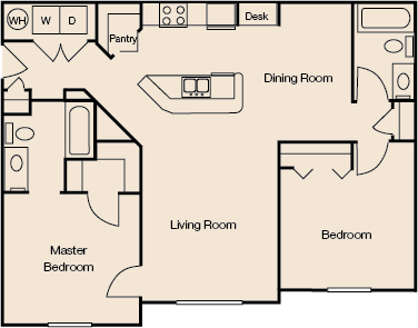 Floor plan for 2 beds, 2 baths, 1025 sqft